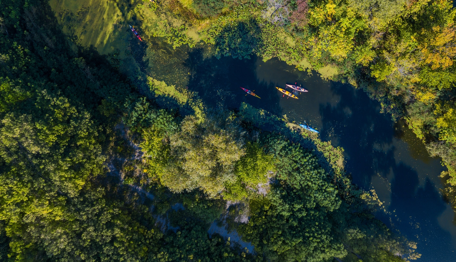 aerial view of kayaks on river
