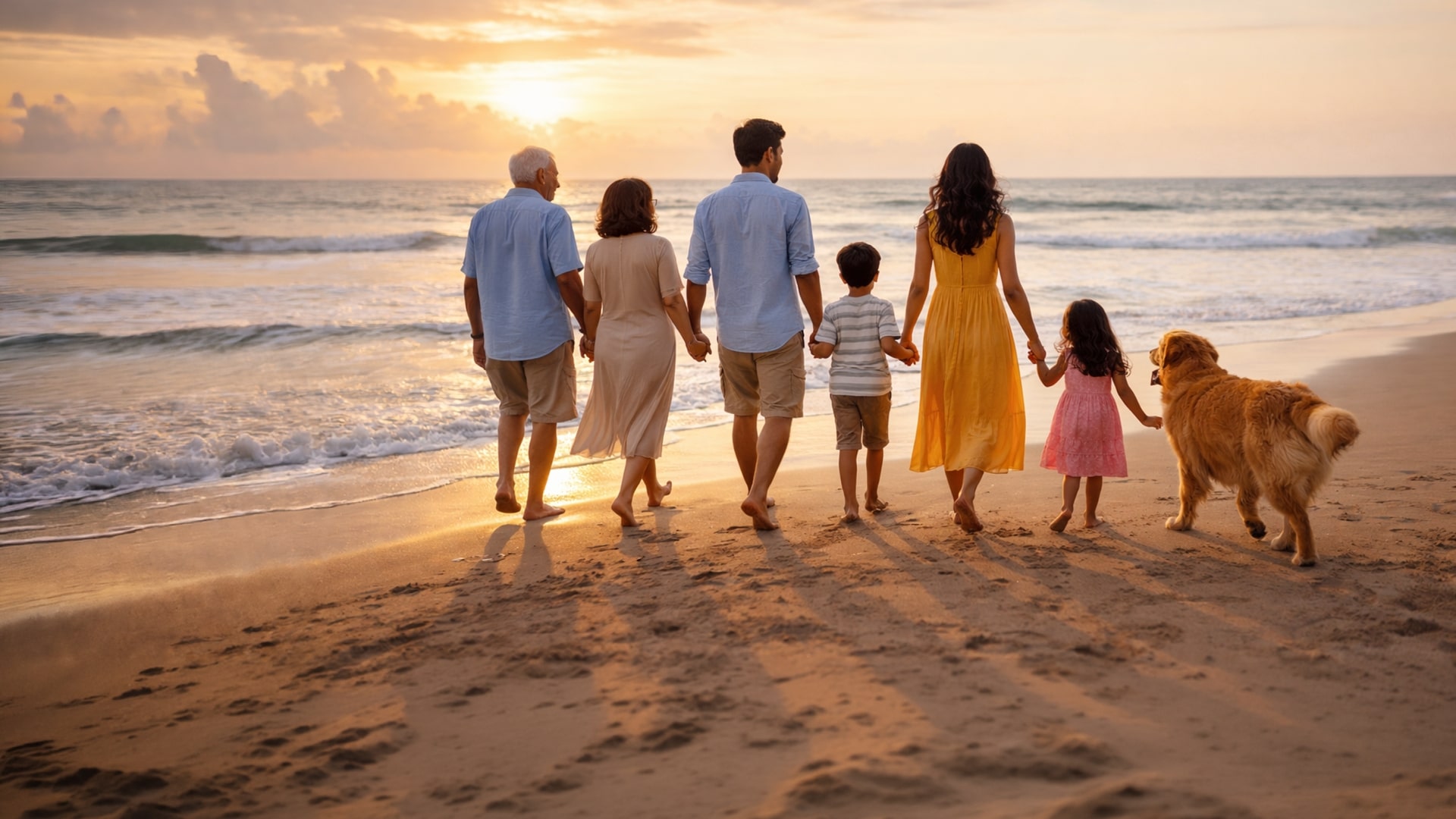 6 people of varying ages and a dog walking along the beach